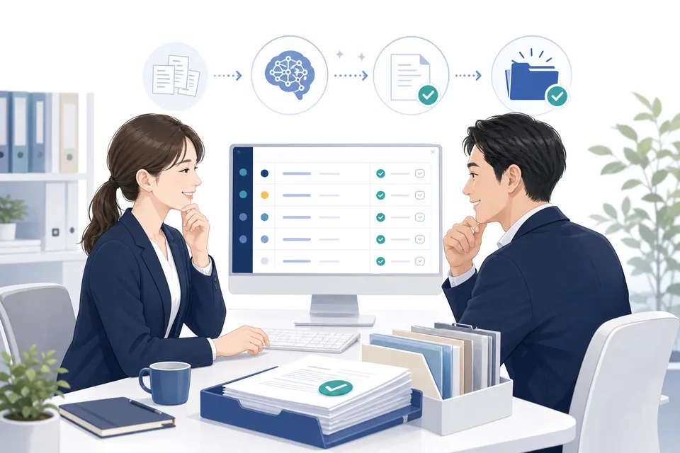 バックオフィス担当者が確認済みタスクを見て安心しているイメージ
