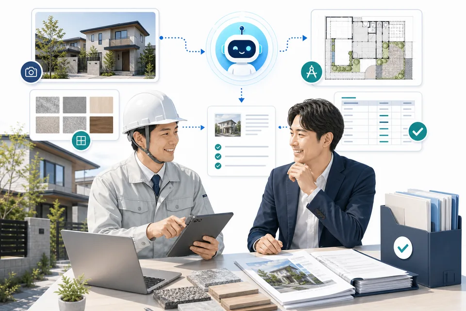 外構担当者が現地情報とCAD図面を見ながら提案準備を進めるイメージ