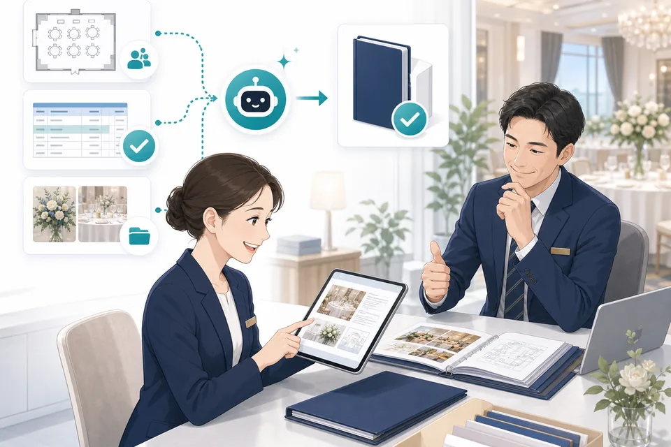 ホテル宴会担当者がAIで作成した提案資料を確認しているイメージ
